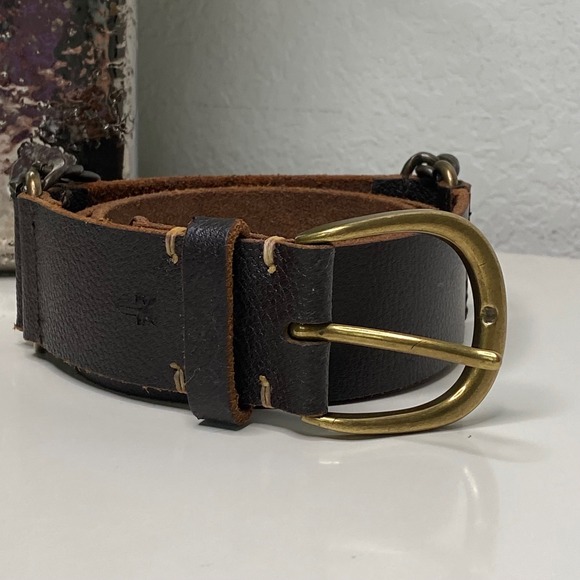 Frye Leather Belt Brown Gold Buckle Chain Accent Western Style Small S - Picture 1 of 8